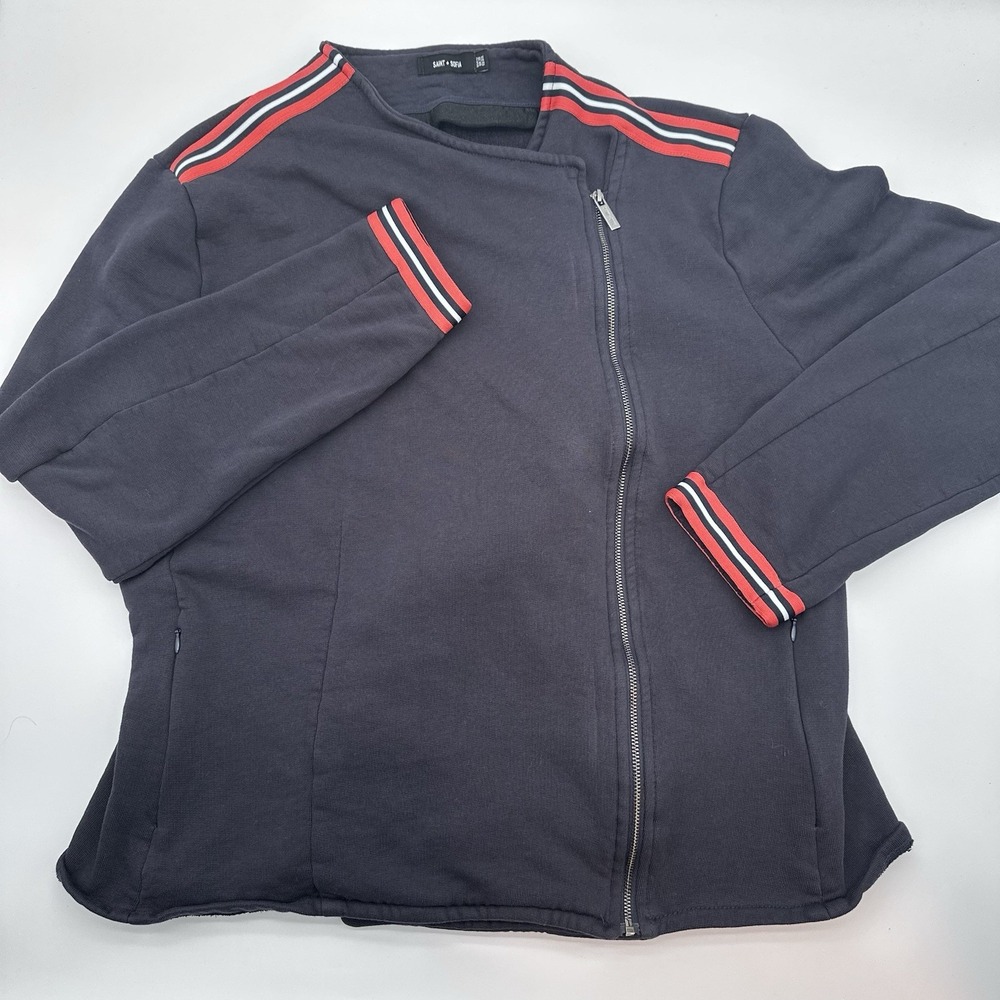 SAINT + SOFIA Cotton Biker Jacket Navy Coral Stripe Zip Moto Women 16 ORGANIC